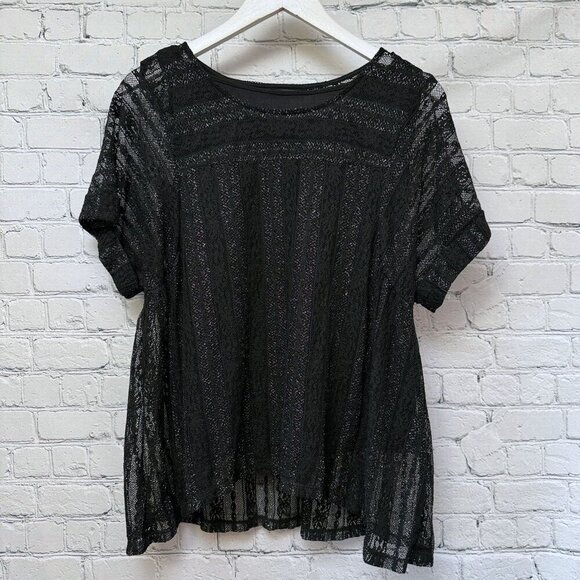 STYLE & CO. Womens Top Medium Petite Mesh Overlay with Tank Black Silver Stretch - Picture 1 of 9